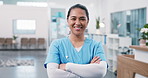 Face, nurse or happy woman in clinic with confidence for medical career, wellness service or values. Asian person, healthcare worker and arms crossed in hospital with trust, integrity and smile