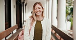 Face, woman and student at university with smile, exchange program and scholarship for education. Portrait, female person and happy at campus with backpack, start semester and learning for knowledge