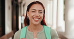 Face, woman and student at college with backpack, exchange program and scholarship for education. Portrait, female person and smile at university for course, start semester and learning for knowledge