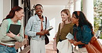 Girls, student and laughing in university for funny joke, humor or gossip together on campus. Female people, friends and smile with comedy or rumor for social interaction, recess or study break