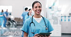 Face, nurse and happy woman in clinic with tablet for medical career, wellness service and laugh. Female person, healthcare worker and tech for records in hospital with trust, integrity and smile