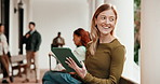 Woman, student and laughing with tablet on campus, online college portal and easy application on site. Happy, person and digital enrollment with tech for university admissions or academic planning
