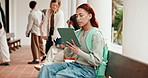 Student, woman and revision at college with tablet, digital learning platform or ebook for education. Outdoor, person and prereading on campus with tech, app or online textbook for university course.