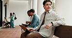 Student, man and thinking at university with laptop, education or download AI for editing assignment. Outdoor, person and typing at college with computer, planning and knowledge for research project.