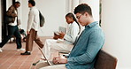 Student, man and research at college with laptop, education and download AI for editing assignment. Outdoor, person and typing on campus with computer, learning and knowledge for university project.