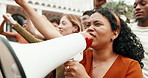 Girl, student and megaphone with protest in university for economic change or academic equality. Female person, group or crowd with bullhorn on college campus for fair education or human rights
