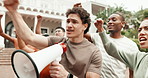 Boy, student or megaphone with protest in university for economic change or academic equality. Male person, group or crowd with bullhorn on college campus for learning, fair education or human rights