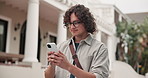 Man, student and outdoor with phone for education, online and smile for class registration app. Academic, mobile and typing on campus for schedule, scholarship requirements and happy for opportunity