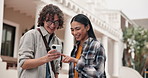 Phone, laugh and friends talk at college, show post or social media comment for course update online. Happy people, mobile or students share meme at university campus, funny video or education app