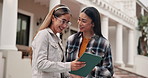 Laughing, girl and student with tablet in university for funny joke, research or online study. Happy, female people or academic friends with smile, technology or app for humor, education or network