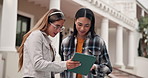 Girl, student and friends with tablet in university for online research, information or study. Happy, female people or academic learners with smile, technology or app for tasks, education or learning