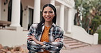 Girl, face and student with confidence in university for higher education or learning scholarship. Portrait, female person and smile with arms crossed or pride for academic opportunity or learnership