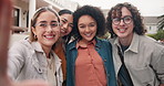 Student, friends and face on campus for selfie, education opportunity and social media update. People, happy and outdoor with POV for photography, new semester and memories at community college