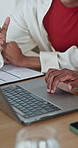 Hands, financial planning and old person with laptop in home, calculation or asset management on web. Investment, paperwork and family with tech for retirement fund, online and check savings in house