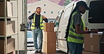 Phone call, talking and delivery man by van with boxes, shipping order and distribution outdoor. Contact, cellphone and person with parcel, packages or stock for supply chain, shipment and collection
