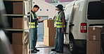 People, logistics and clipboard with box for courier, signature and order for shipment handoff. Team, transport and package with checklist for delivery, dispatch agreement and shipping for ecommerce