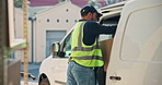 Man, unpacking and vehicle with boxes for delivery, logistics or online order for shipment handoff. Person, unloading and transport at warehouse with package, supply chain and shipping for ecommerce