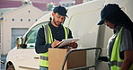 People, clipboard and box with vehicle for logistics, package exchange and approval for shipping. Team, sign and agreement with parcel for delivery guy, confirm dispatch and ecommerce distribution