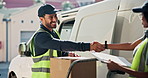 Handshake, clipboard and delivery man with boxes, package and thank you for courier service. Happy, van and person with parcel, paperwork and shaking hands for shipping, distribution and logistics