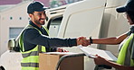 Handshake, clipboard and delivery man with boxes, package and thank you for courier service. Happy, van and person with parcel, paperwork and receipt for shipping, distribution and logistics order