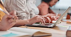 University, classroom and students with notebook, laptop and writing for study notes in lecture. College, hands and people with books, tech and typing for education, learning or lesson for assignment