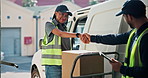 Handshake, van and delivery woman with box, package and thank you for courier service. Happy, driver and people with parcel, paperwork and shaking hands for shipping, distribution and logistics order