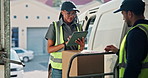 People, box and tablet with van for delivery, parcel exchange and agreement for shipment handoff. Team, digital and signature with package for collection, dispatch handover and shipping for ecommerce