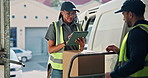 People, box and tablet with van for logistics, parcel exchange and agreement for shipment handoff. Team, digital and signature with package for delivery, dispatch handover and shipping for ecommerce