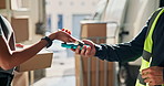 Delivery, phone and people with boxes, card machine and payment for courier service at depot. Pos, hands and workers with parcel, purchase and tip for shipping, distribution and logistics order