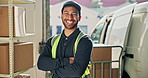 Laugh, face and delivery man by van with boxes, package and crossed arms for courier service. Happy, portrait and person with parcel, pride and about us for shipping, logistics and distribution