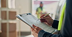 Writing, clipboard and hands of person for delivery, supply chain and courier service for package. Documents, report and worker with inventory list for shipping, logistics and parcel for distribution