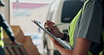 Writing, clipboard and hands of woman for delivery, supply chain and courier service for package. Documents, report and worker with inventory list for shipping, logistics and parcel for distribution