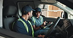 Team, tablet and people in van for delivery schedule, shipping and location for distribution. Talking, tech and man with woman in vehicle for supply chain, logistics and navigation for shipment