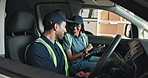 Driver, tablet and people in van for delivery schedule, shipping and location for distribution. Talking, tech and man with woman in vehicle for supply chain, logistics and navigation for shipment