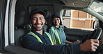 Driver, delivery and face of people in van for package, shipping and teamwork for distribution. Happy, portrait and man with woman in vehicle for supply chain, logistics and travel for shipment