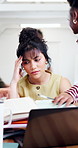 College student, stress and woman with laptop, chaos or frustrated by academic pressure in classroom. Education, books and person with depression, timelapse and tired with assignment in university