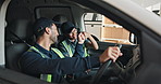 Driver, van and people fist bump for delivery, shipping and teamwork for distribution with seatbelt. Happy, vehicle and man with woman with safety for supply chain, logistics and trip for shipment