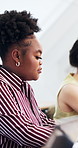 College, students and girl in classroom for learning, lesson and listening for course notes. University, typing and person in lecture for education, knowledge and study opportunity for assignment