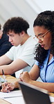 University student, writing and woman with tablet, research or planning for assignment in classroom. Scroll, info and person with technology, education and exam preparation with notes in college