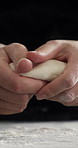 Cooking, dough and hands of person in kitchen at restaurant for pizza, bread or pastry recipe. Bakery, ingredients and culinary chef pressing batter for preparing food, meal or snack in diner.
