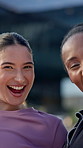 Face, friends and laugh in city with fitness, women bonding or training together for wellness goals. Happy, people and active outdoor with exercise break, workout recovery or runner club for vitality