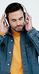 Dance, happy or man in studio with headphones, song connection or listening to music playlist. Digital, groove movement or person with tech, feeling beat or radio streaming on white background.