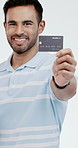 Face, studio and happy man with credit card for online shopping or payment on a white background. Portrait, male person or debit with smile for ecommerce app, banking insurance or financial cover