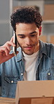 Man, phone call or box in small business for logistics, feedback or address confirmation on label. Entrepreneur, technology or contact in warehouse for distribution, courier service or export process
