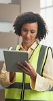 Woman, reading and logistics at startup with tablet, stock report and confirm order for delivery. Thinking, African person or review at depot with tech, supply chain and update price for distribution