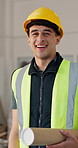 Construction, face and man on site with blueprint, contractor and ambition in building renovation. Portrait, happy and engineer with document, developer confidence and about us in remodeling industry