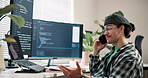 Software development, phone call and man with computer screen in business, project update and chat. Happy person, talking and communication with contact, coding or IT specialist with mobile in office