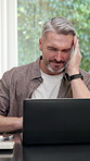 Man, headache and laptop at house for remote work, grammar error and wrong facts for article. Stress, mature person and migraine in office with tech, plagiarism and submission mistake for copywriting