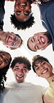 Huddle, face and happy group of people together in a circle for support, community and solidarity. Portrait, smile and diversity with men and women for youth, below and friends outdoor for unity