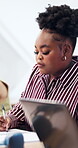College student, writing and woman with notebook, education or planning for assignment in classroom. University, notes and people with technology, studying and exam preparation with information